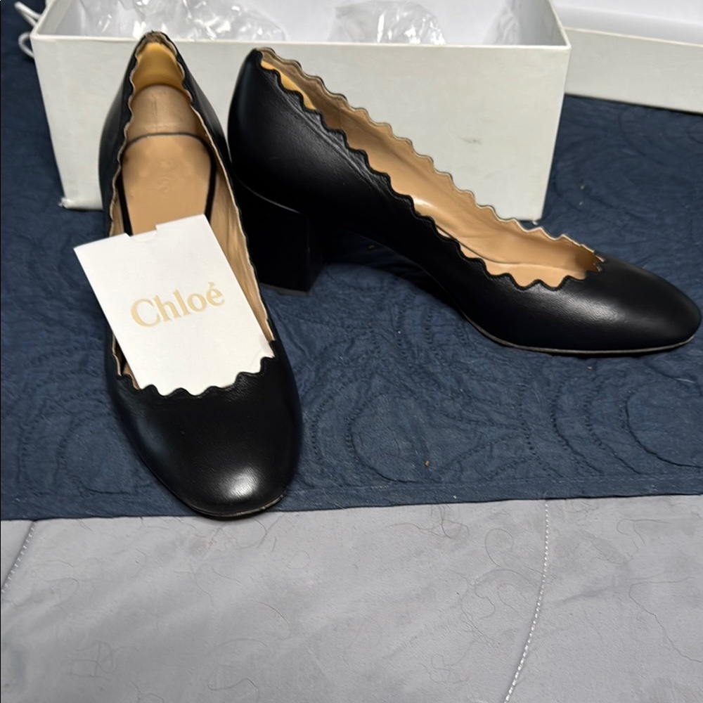 Black Scalloped Leather Pumps